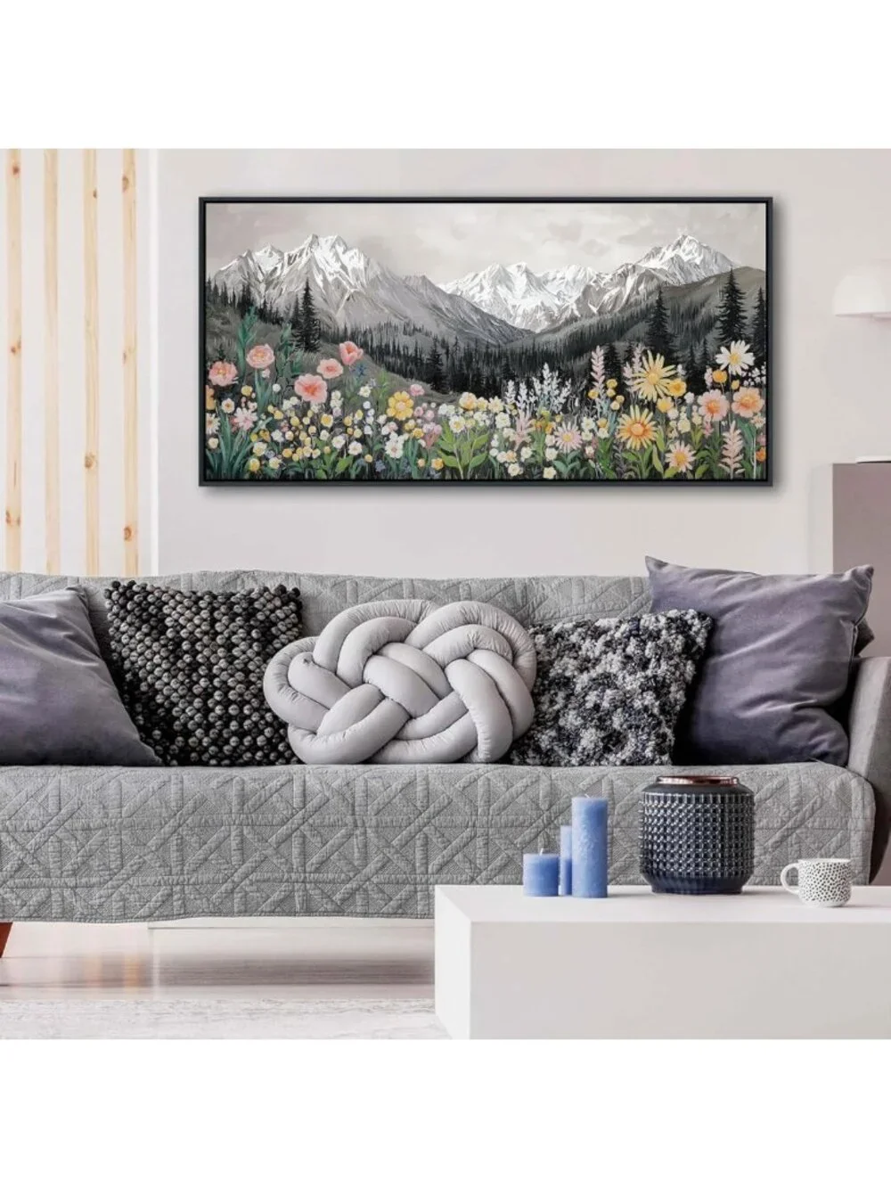 40x20 Black & White Landscape Poster Frame - Snow-Capped Mountains & Daisies